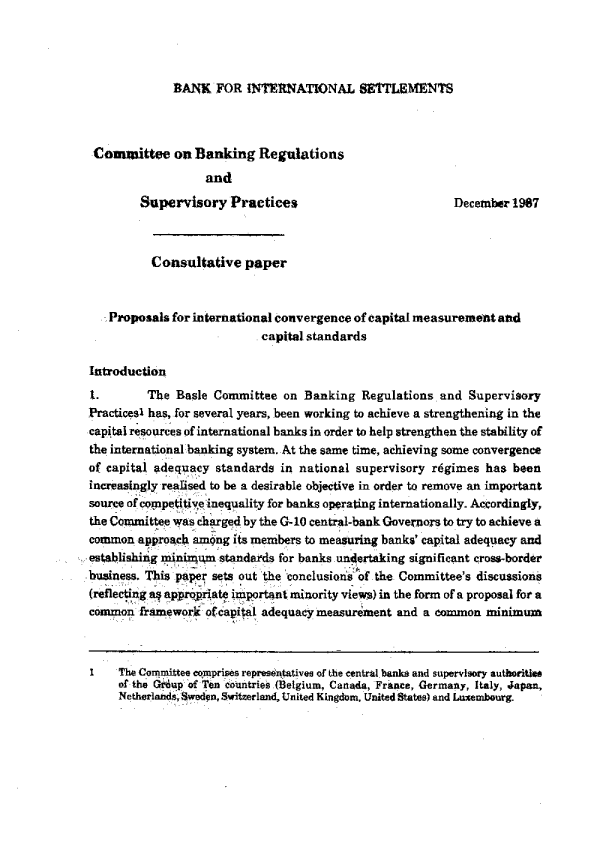 Proposals for International Convergence of capital measurement and standards