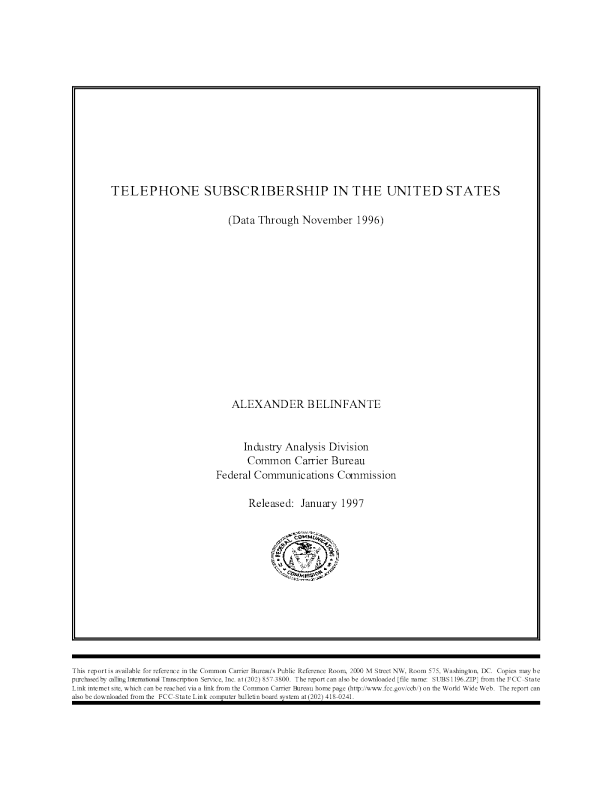 Telephone Subscribership Report (through November 1996)
