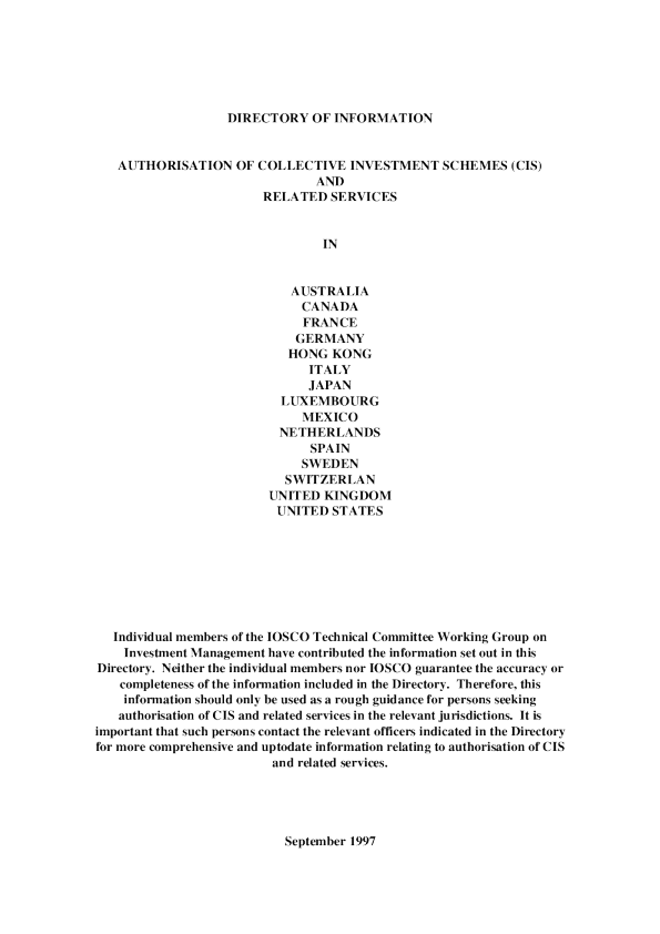 A Directory of Information - Authorization of Collective Investment Schemes (CIS) and Related Services