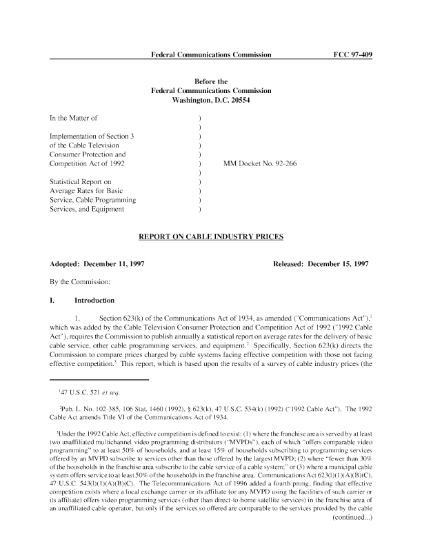 Report on Cable Industry Prices (1997)