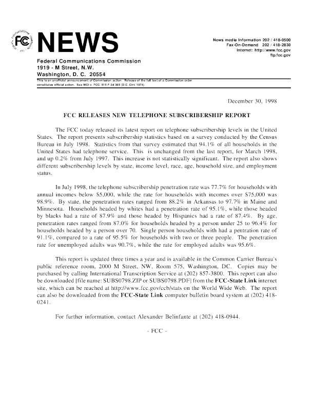 FCC发布新的电话订户报告