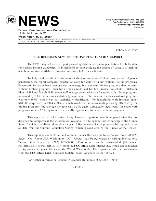 Telephone Penetration Report (through 1998)