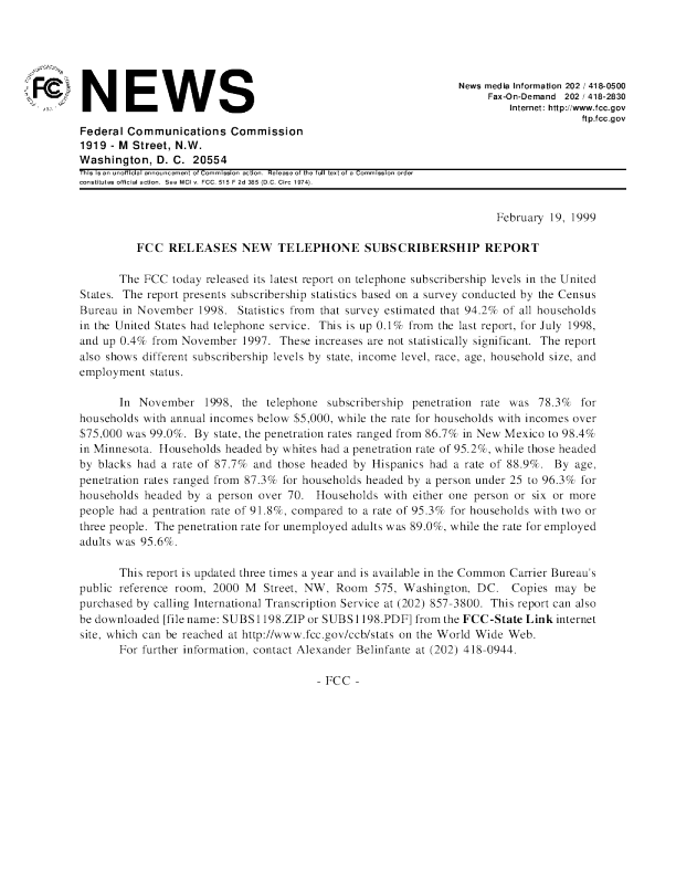 Telephone Subscribership Report (through November 1998)