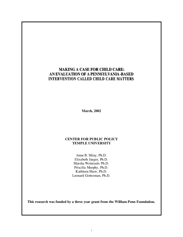 Making a case for child care an evaluation of a pennsylvania based
