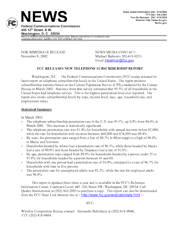 Telephone Subscribership Report (through March 2002)