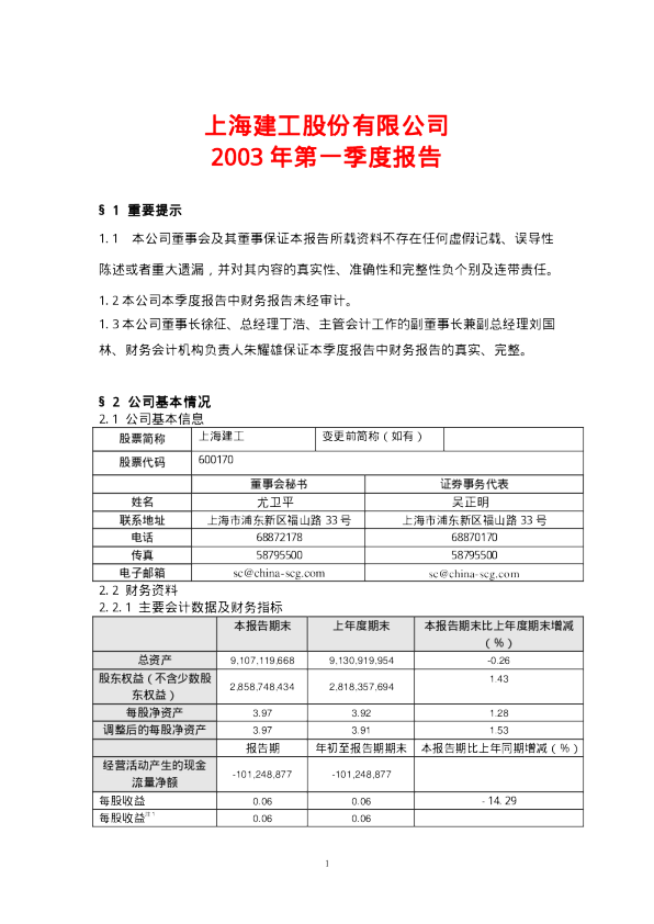 上海建工：上海建工2003年第一季度报告
