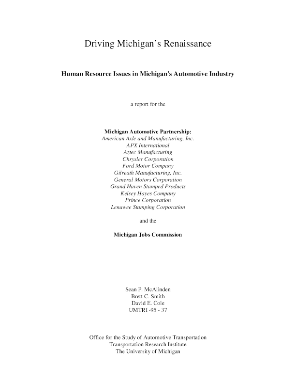 Driving Michigan’s Renaissance Human Resource Issues in Michigan’s Automotive Industry