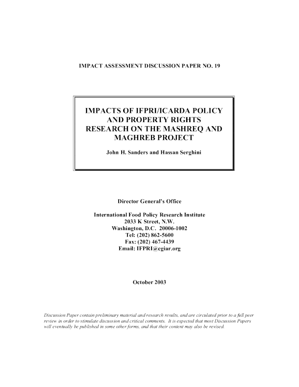 Impacts of IFPRI/ICARDA policy and property rights research on the Mashreq and Maghreb Poject