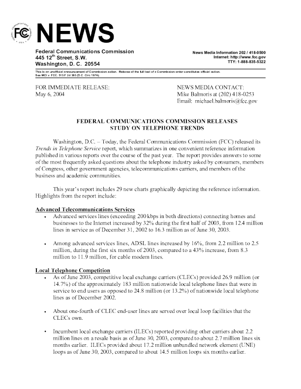 Trends in Telephony Service (2004)