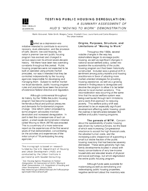 Testing Public Housing Deregulation A Summary Assessment of HUD's