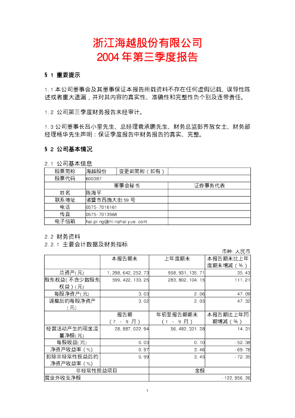 海越股份：海越股份2004年第三季度报告