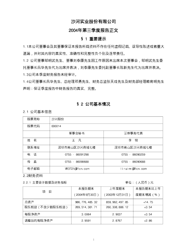 沙河股份：沙河股份2004年第三季度报告