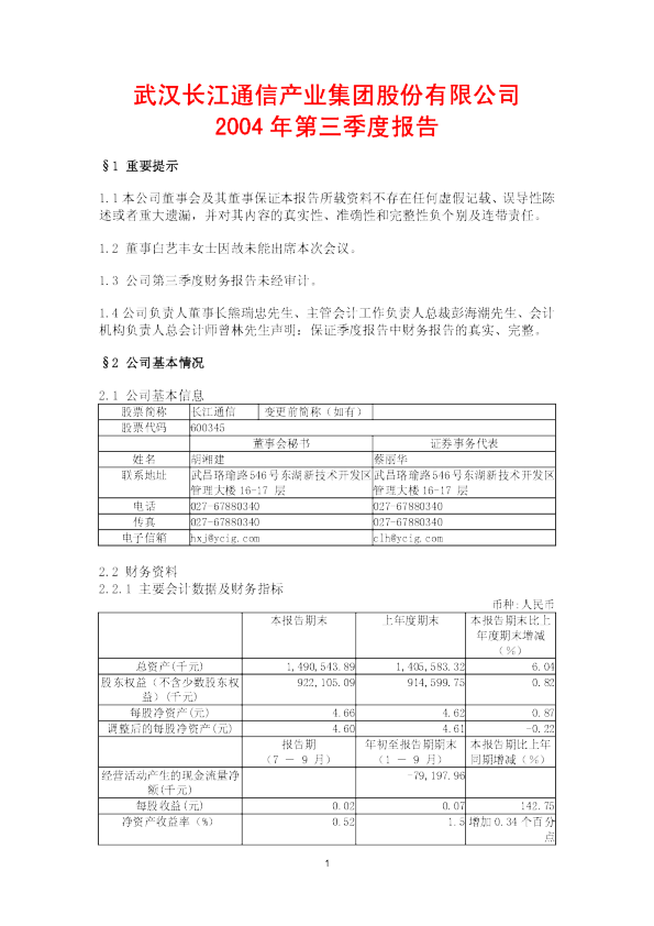 长江通信：长江通信2004年第三季度报告