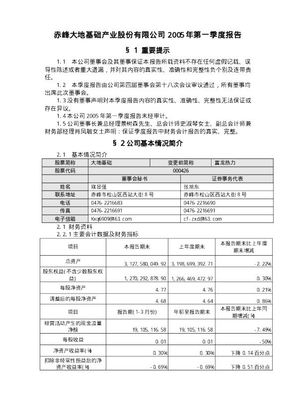 兴业矿业：大地基础2005年第一季度报告