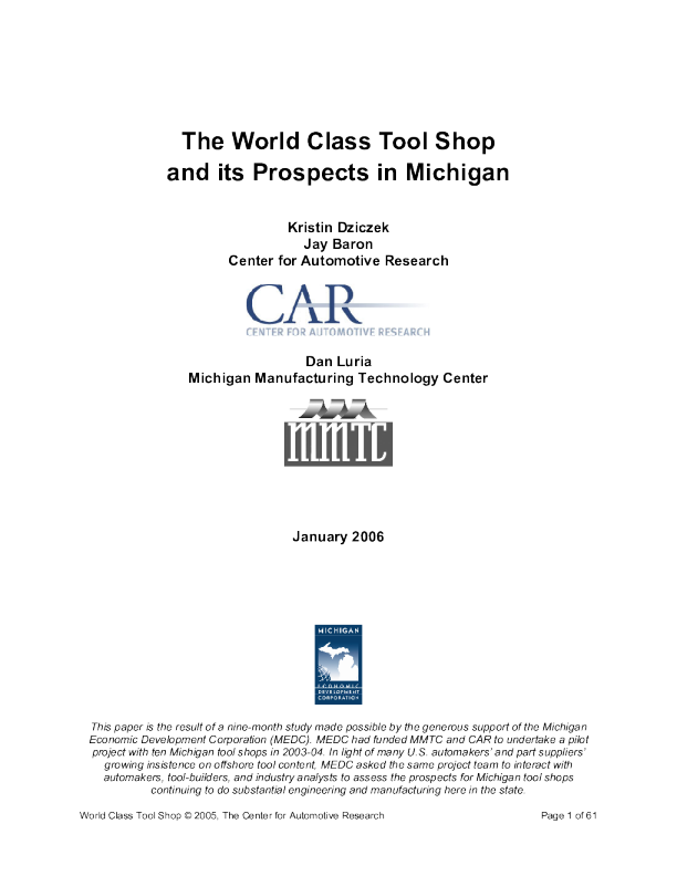 The World Class Tool Shops and Its Prospects in Michigan