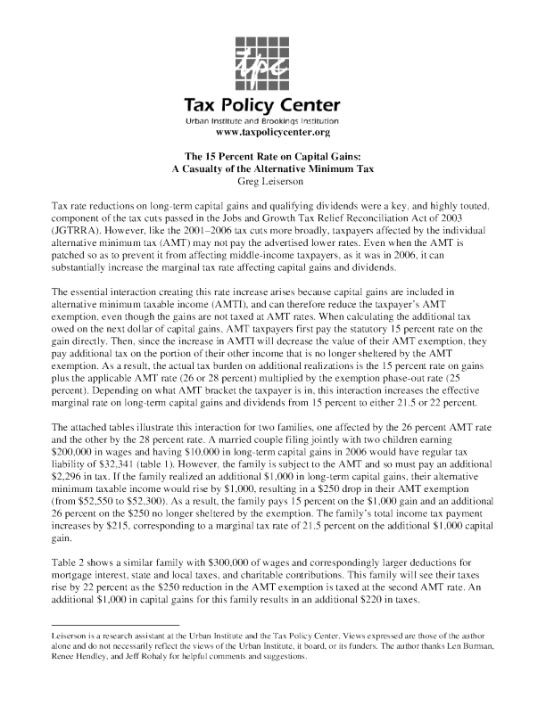The 15 percent rate on capital gains a casualty of the alternative