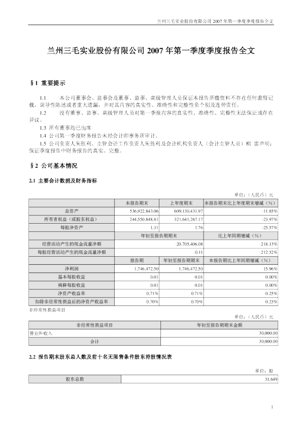 ST 派 神：2007年第一季度报告