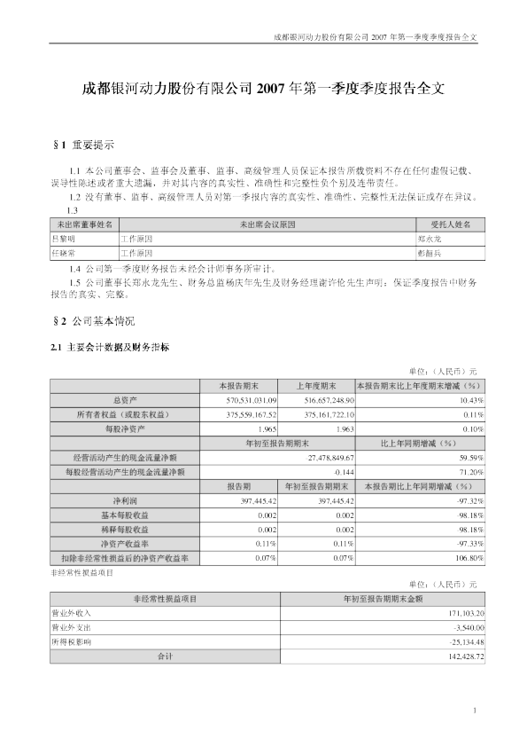 银河动力：2007年第一季度报告