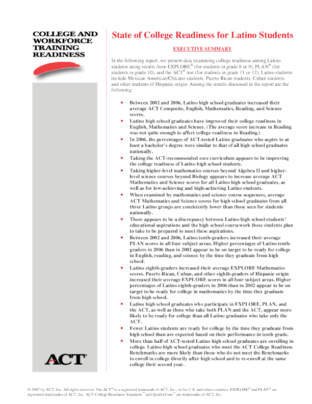 State of College Readiness for Latino Students