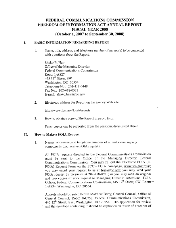 联邦通信委员会信息自由法案2008财年年度报告