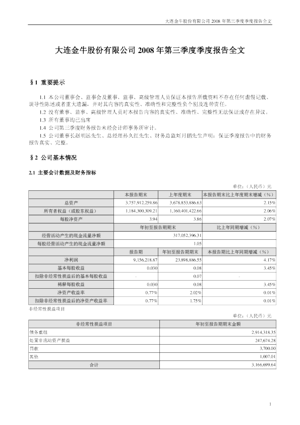 大连金牛：2008年第三季度报告