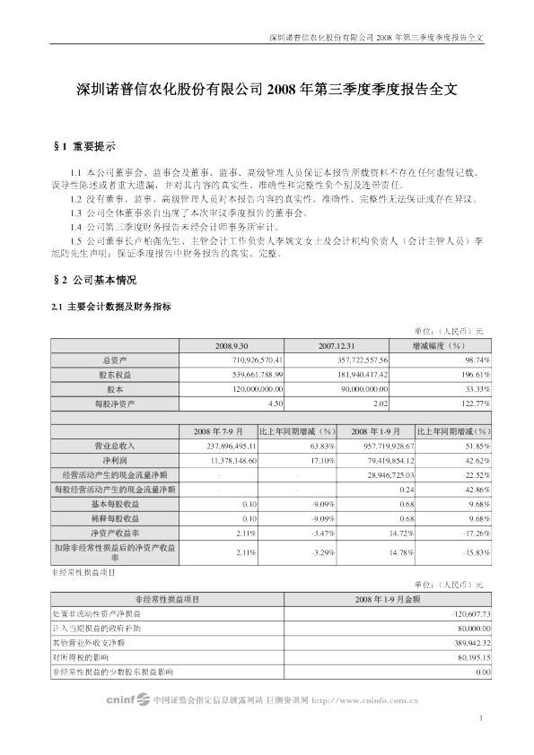 诺 普 信：2008年第三季度报告