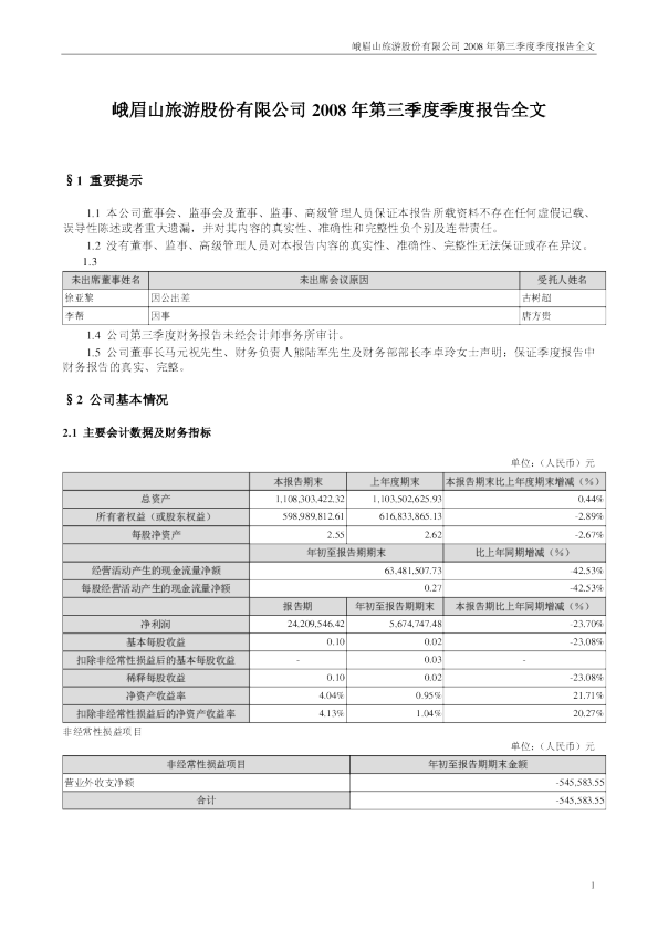 峨眉山Ａ：2008年第三季度报告