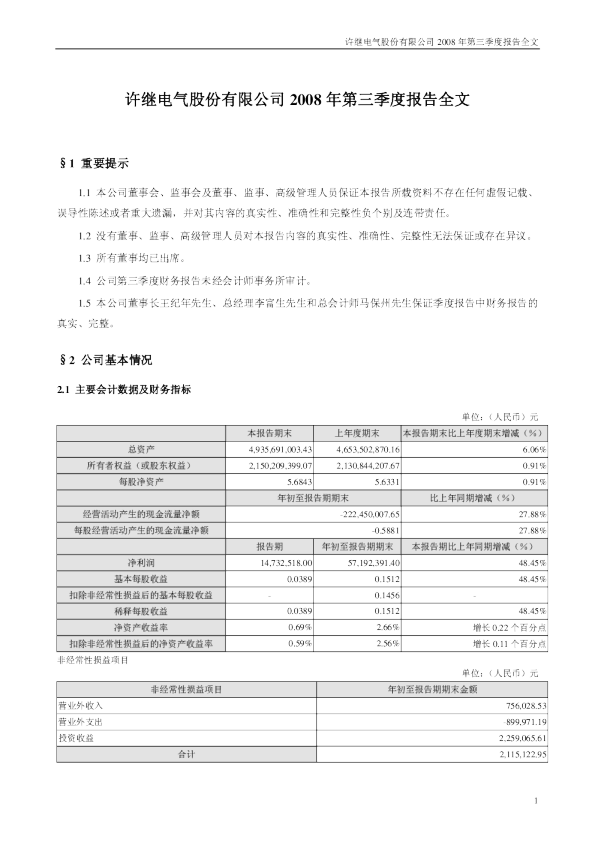 许继电气：2008年第三季度报告