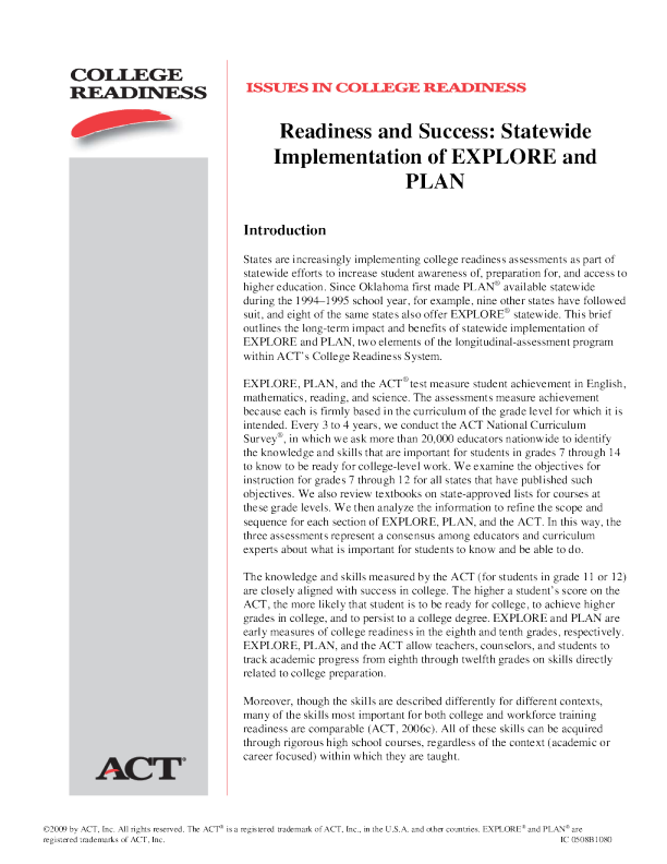 Readiness and Success: Statewide Implementation of EXPLORE and PLAN