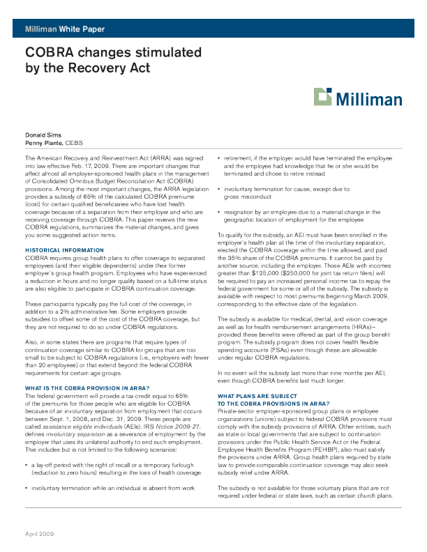 《复苏法案》引发的COBRA变化