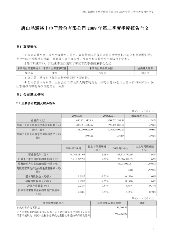 晶源电子：2009年第三季度报告