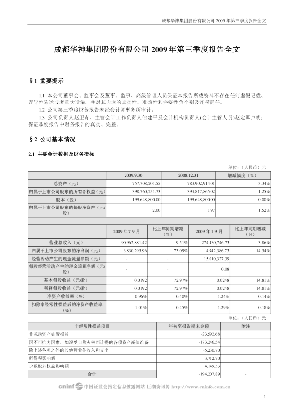 华神集团：2009年第三季度报告