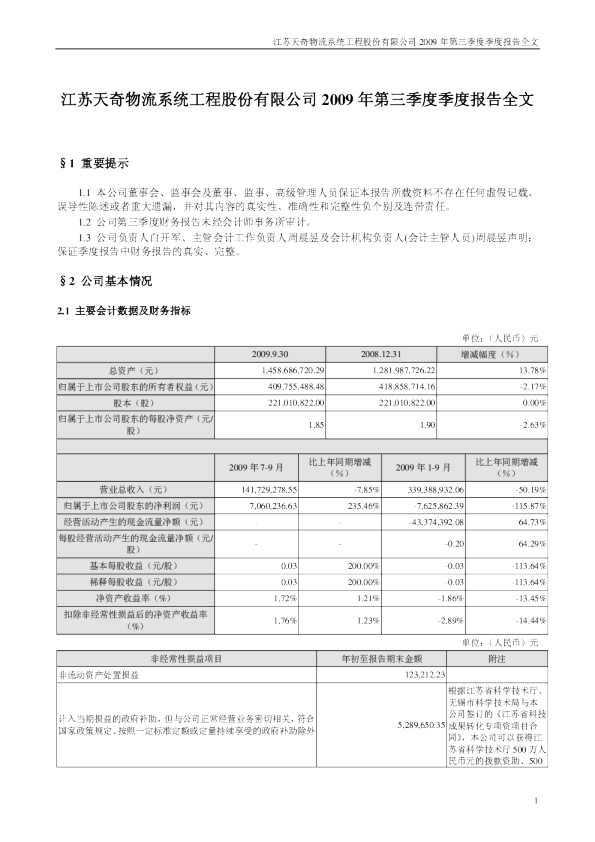 天奇股份：2009年第三季度报告