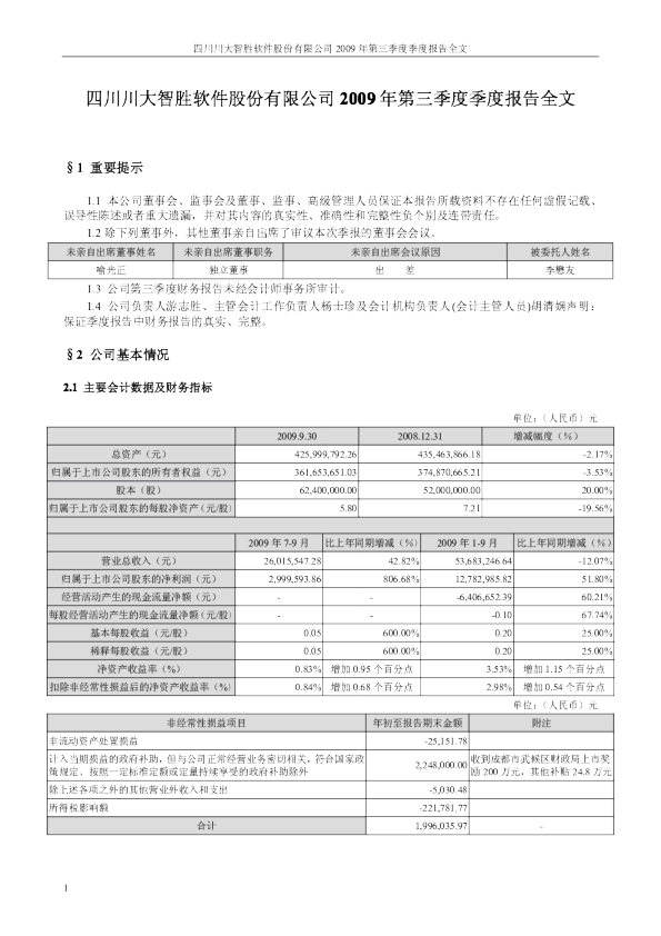 川大智胜：2009年第三季度报告
