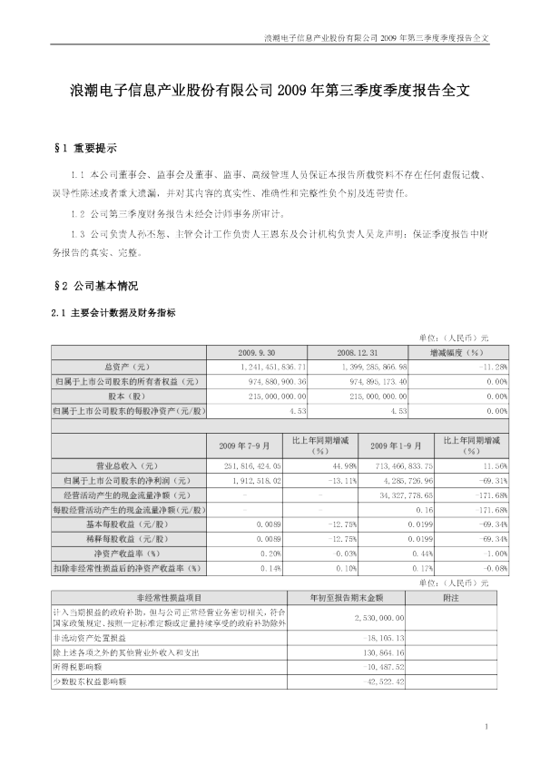 浪潮信息：2009年第三季度报告