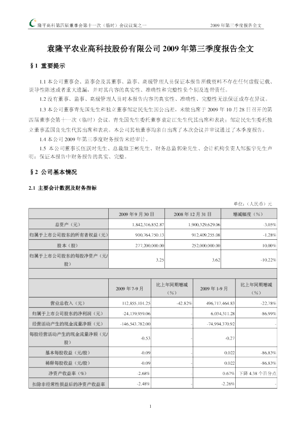 隆平高科：2009年第三季度报告