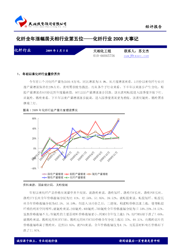 化纤行业2009 大事记：化纤全年涨幅居华泰行业第五位