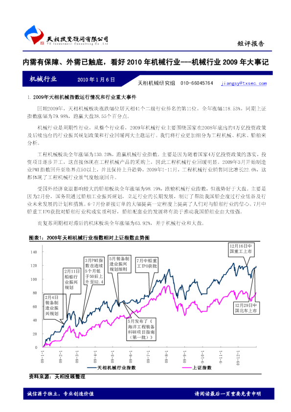 机械行业2009年大事记：内需有保障、外需已触底,看好2010年机械行业