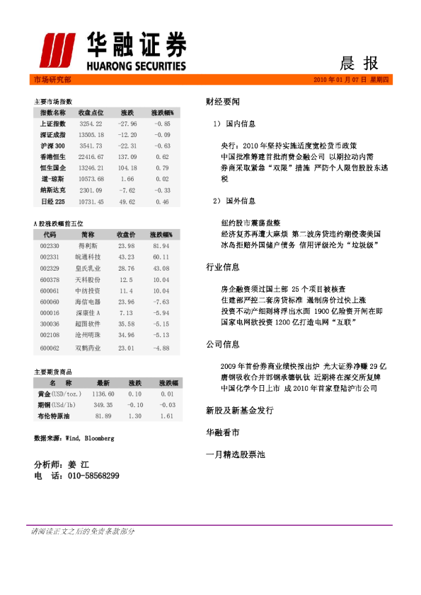 华融证券每日晨报
