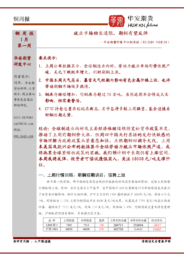 铜周报：就业市场助长通胀,期铜有望反弹