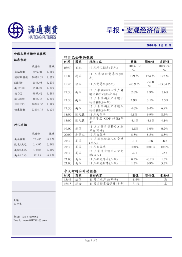海通期货宏观经济信息：欧美失业率均高于预期