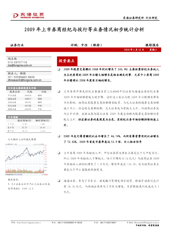 证券行业：2009年上市券商经纪与投行等业务情况初步统计分析