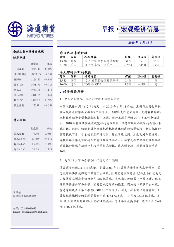 海通期货宏观经济：中国提准备金率,显货币政策逐步收紧信号