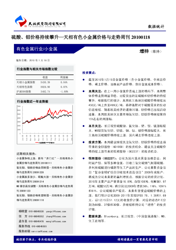 有色金属行业：硫酸、钼价格持续攀升