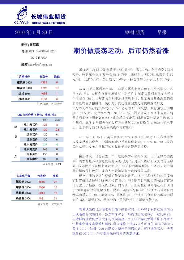 长城伟业期货钢材期货早报：期价做震荡运动,后市仍然看涨