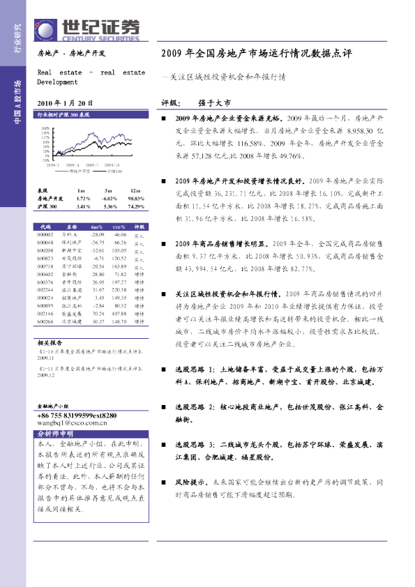 2009年全国房地产市场运行情况点评：关注区域性投资机会和年报行情