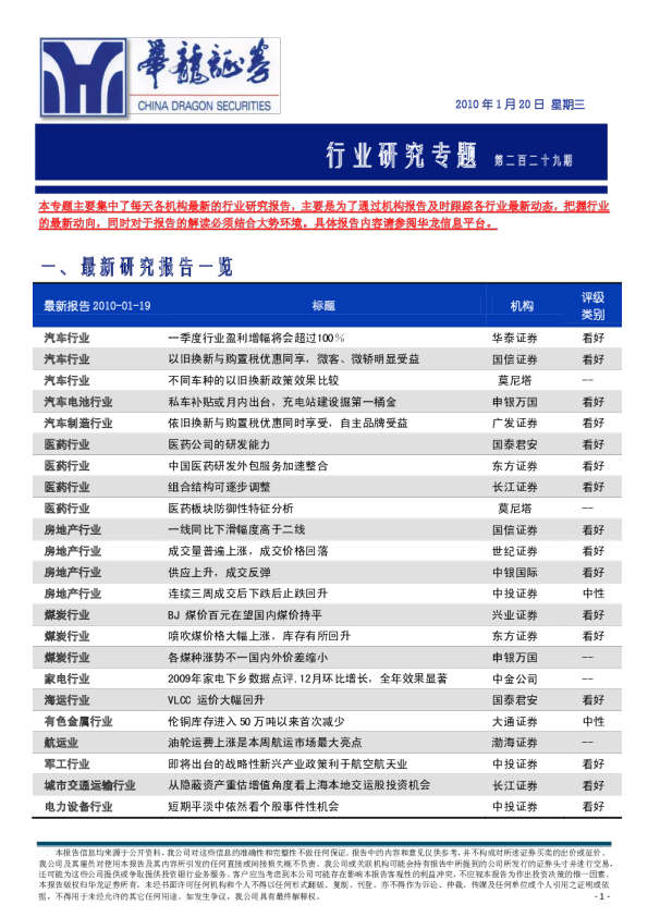 华龙证券行业研究专题