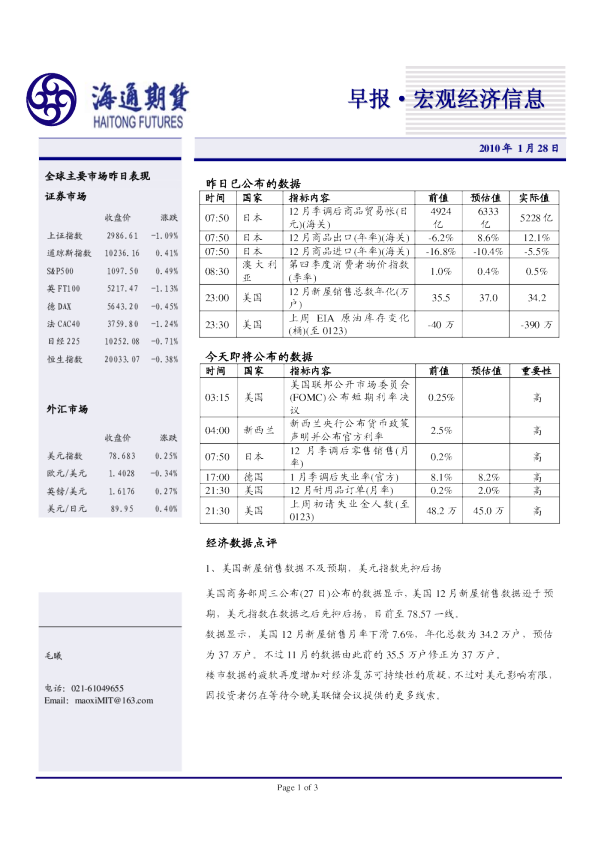 宏观经济信息：美数据趋坏引复苏忧虑