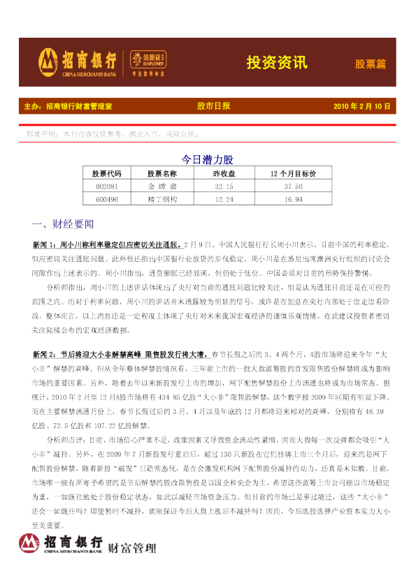 金葵花投资资讯：股票篇