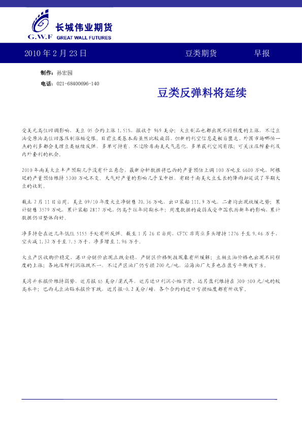 长城伟业豆类期货早报